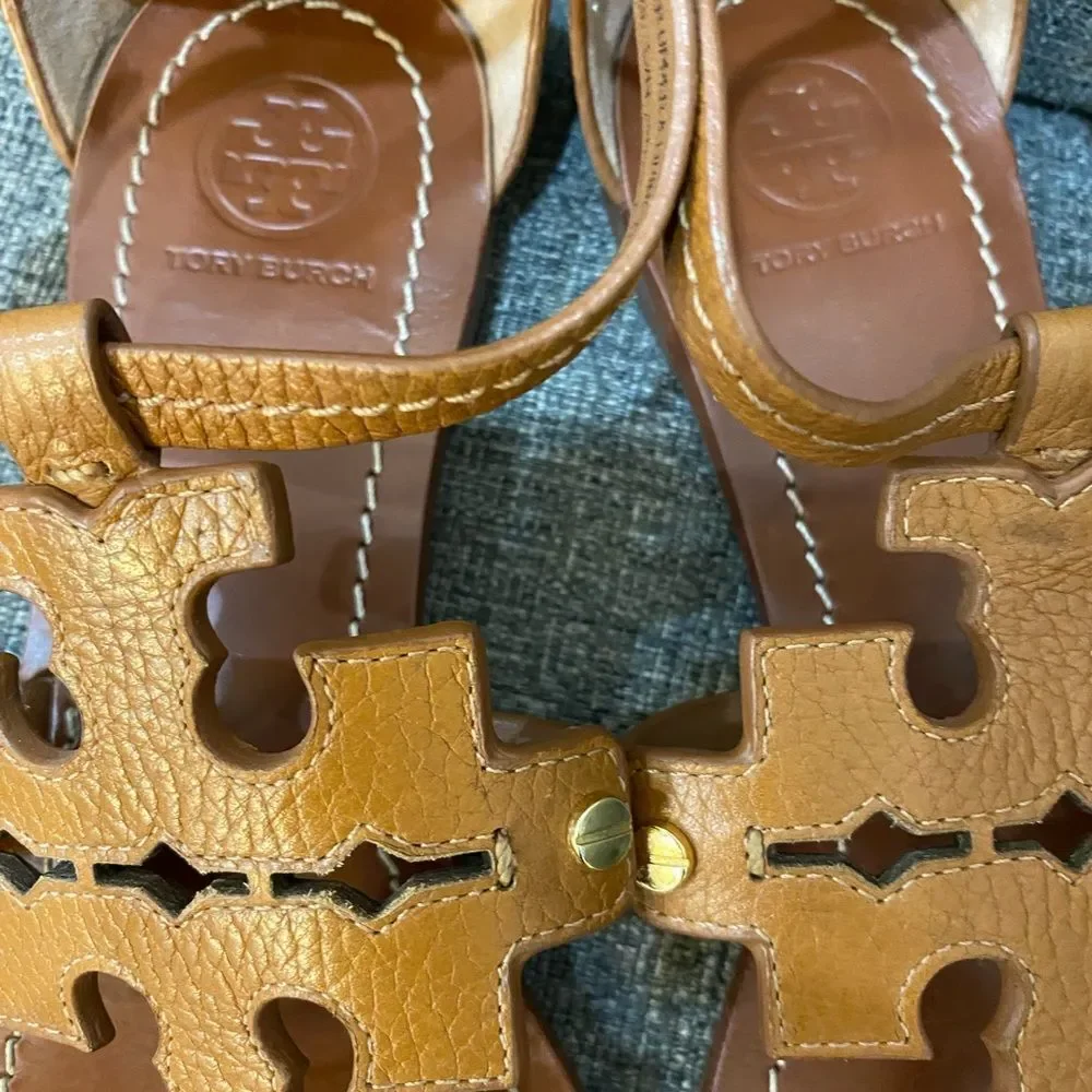 Tory Burch Phoebe Tan Leather Flats Thong Sandals Women’s Size 7